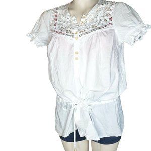 Womens Shirt Top M Crop Button Front Peasant Crochet Festival Boho 100% Cotton